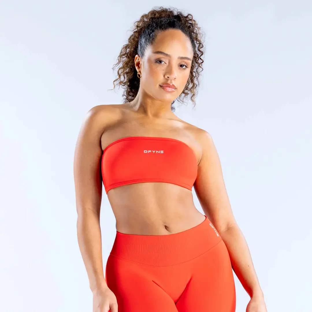 DFYNE Impact Backless Bandeau - Off Shoulder Seamless Strapless Workout Top for Women Sculpting Stretch Fabric Gym-to-Street Style Pink