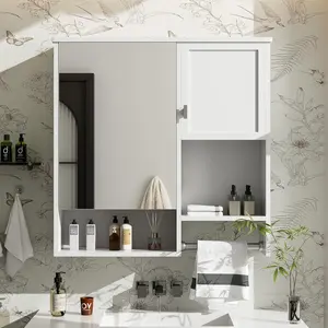 Medicine Cabinet for Bathroom，Wall Mount Bathroom Cabinet with Mirror, Open Shelf and Towel Bar for Master Bath & Power Room