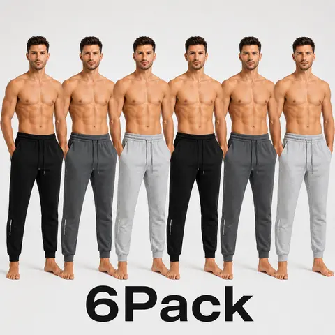 Swkopax Men's Baggy Sweatpants - 6-Piece & 3-Pack Loose Cuffed Polyester Training Pants, High Elasticity, Machine Washable, Black/Gray/Light Gray, Spring-Autumn Sport-to-Casual Pants for Home Fitness