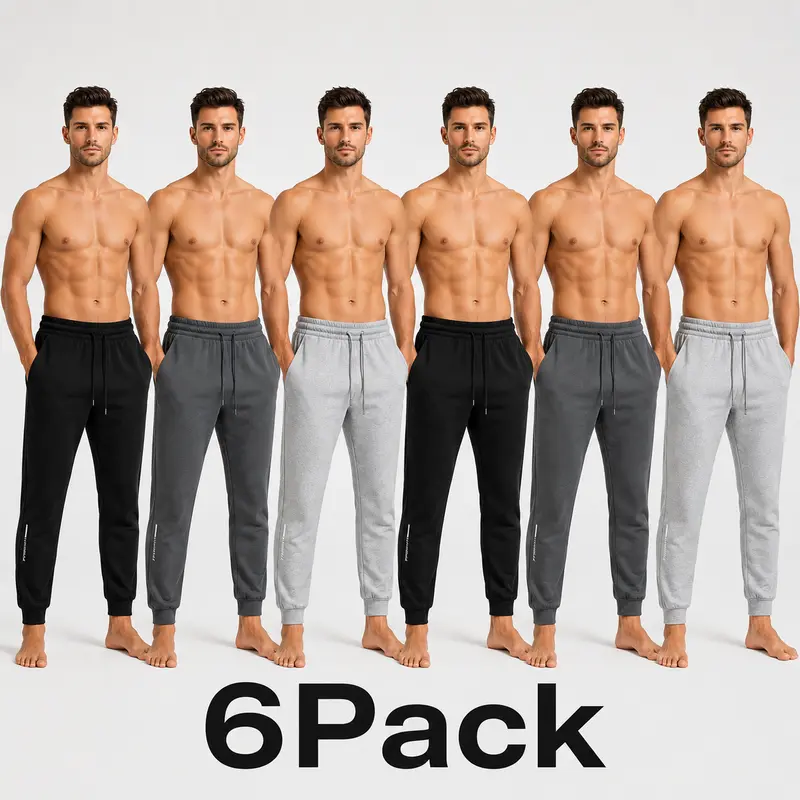 Swkopax Men's Baggy Sweatpants - 6-Piece & 3-Pack Loose Cuffed Polyester Training Pants, High Elasticity, Machine Washable, Black/Gray/Light Gray, Spring-Autumn Sport-to-Casual Pants for Home Fitness