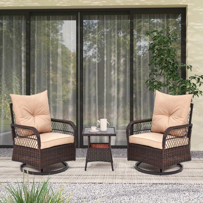 3-Piece Rattan Bistro Set, Patio Furniture Set with 360° Swivel Chairs & Tempered Glass Table, Ideal for Patio, Garden, Beige