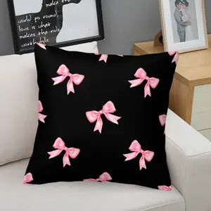 Pink Bow Throw Pillow (1 Piece, 17.71"×17.71"), Coquette Aesthetic Black Pink Bow Decorative Pillow, Soft Plush Cushion for Bedroom, Living Room, Couch & Dorm (Pillow Core Included)
