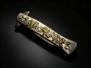 Golden Rose Carving Folding Pocket Knife, Convenient Camping Tool, Unique Decoration, Gift for Men in Daily, Outdoor, and Hiking Activities