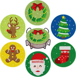 Christmas Style Diamond Painting Craft Coasters Set - 6 Pieces with Brackets, Stylish Tableware for Beach Use
