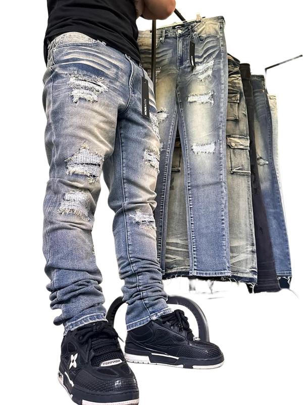 Men's High Street Fashion Jeans, Tight-Fitting Washed Denim Jeans, Versatile Street Style, Essential Clothing for Men, Ripped Jeans