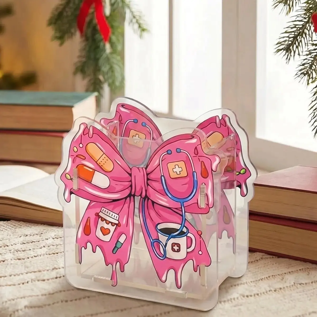 Nurse Acrylic Pencil Holder with Printed Design, Desk Accessories Holder, Makeup Brush Storage Organizer, Desktop Accessory, Desktop Stationery Organizer for Office School Home Supplies, Acrylic Organizers