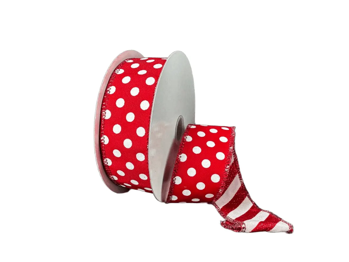1.5" Double-Sided Red Satin with White Dots & Red-White Glitter Candy Cane Stripe Ribbon – 10 Yard Roll