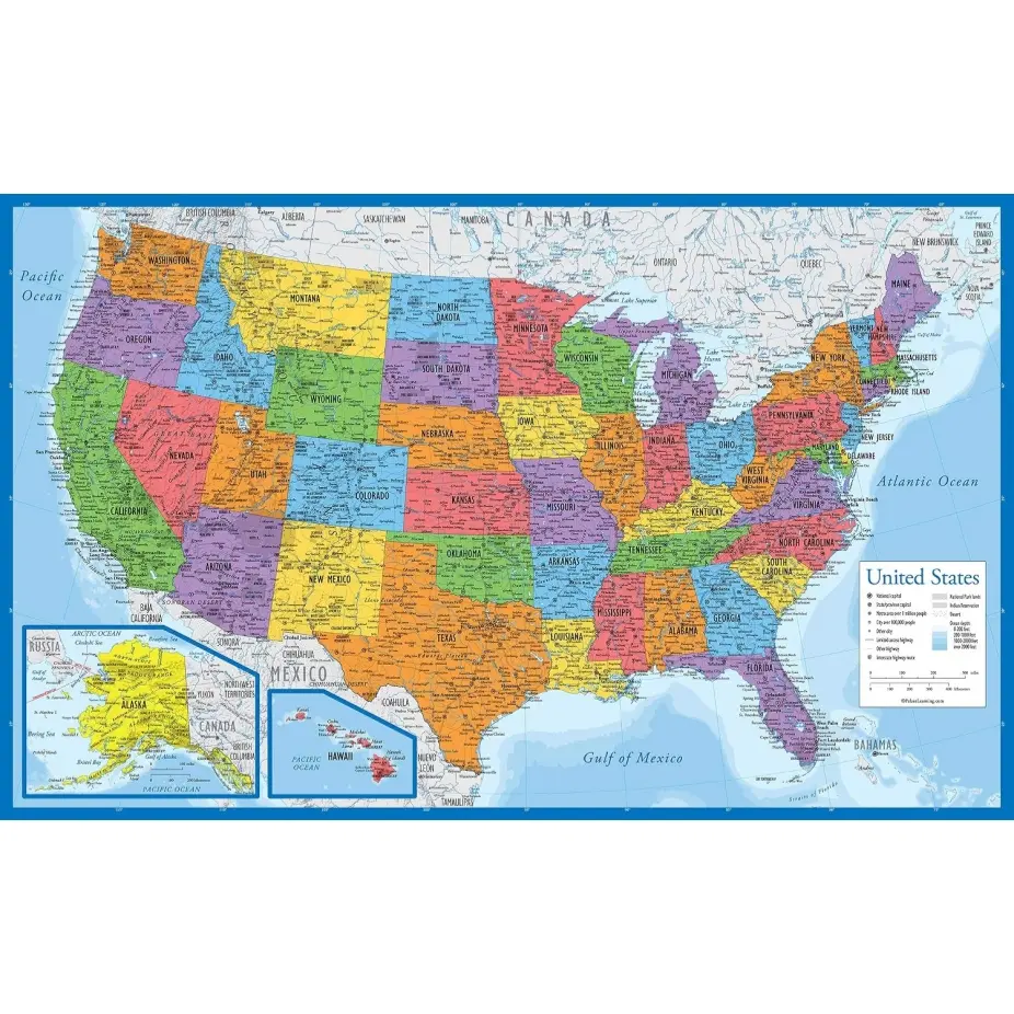 United States Map Poster – Detailed USA Wall Map with States, Capitals, Cities, Highways & Geography Features, Educational Classroom Decor for Home, Office, School and Library
