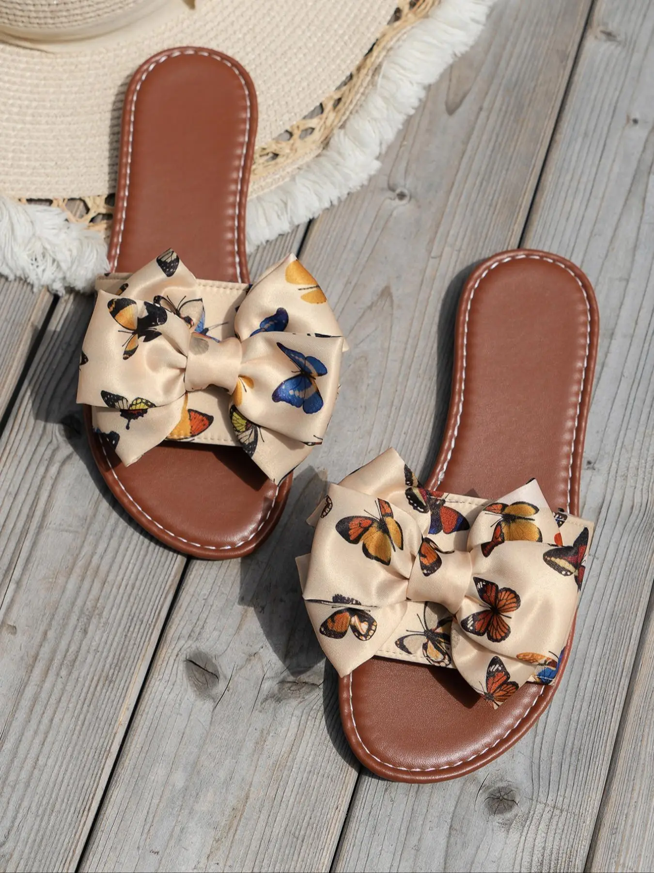 Women's Butterfly Print Bow Decor Flat Sandals, Boho Style Slide Sandals, Casual Comfortable Slip-on Sandals for Beach Vacation, Fashion Trendy Summer