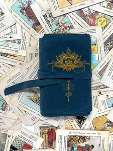 Golden Lotus Mandala Tarot Card Bag, Dual Blue Drawstring Closure, Soft Fabric Protector, Portable Card Holder, Ideal for Back-To-School, Beach, Vacation