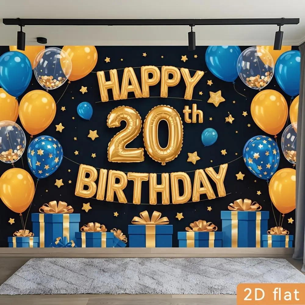 2D Flat - 2D Flat - for Party Banners 2D Flat Banner, 1pc Polyester Backdrop Golden Blue 20Th Birthday Foil Balloon Set with Happy Birthday, for Party Decor Garden, Club, Home, Room, Farm, No Electricity,