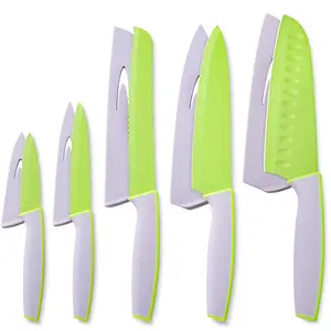5-Piece Kitchen Knife Set – Chef, Bread, Santoku, Utility & Paring Knives with Blade Guards, Nonstick Coating, Soft Grip Handles, in Vibrant Green & Matte Silver Finish