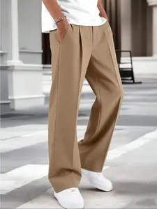 Men's Loose Fit Wide Leg Plain Pants, Casual Commuter & Daily Wear, High-End Slimming Suit Long Trouser Pants, All Seasons Fashion