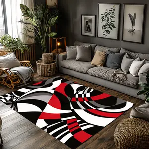 Black Red White Swirl Abstract Crystal Velvet Area Rug Non‑Slip Modern Living Room Rug#SwirlAbstractRug #BoldColorHomeDecor #BlackRedWhiteRug #ModernGeometricCarpet #CrystalVelvetRug