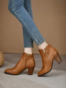 Women's Western Short Boots High Heel Plain Design, Thick Sole Pointed Toe, Comfortable Wide Fit, Fashion Side Zipper Style, Thick Heeled Boots, Western Cowgirl Boots