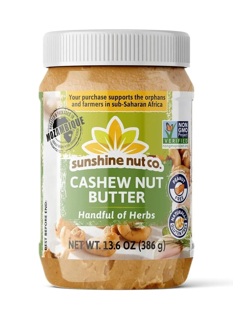 Sunshine Nut Company Gourmet Natural Cashew Butter, Handful of Herbs, 1 Pack, Vegan Spread with Hand-Roasted Mozambique Cashews, No Added Sugar, 13.6 oz Jar