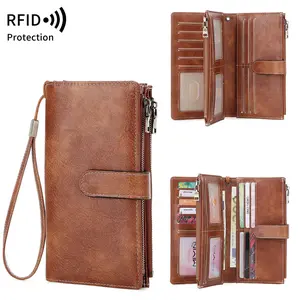QB355 RFID Three-fold Long Wallet, Retro Multi-functional Women's Wallet 2025 New Solid Color Portable Large-capacity Clutch Bag