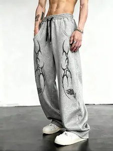 Gothic Lightning Flame Rose Print Wide Leg Pants, Drawstring Waist, Bold Street Art Design, Loose-Fitting Fall & Winter Fashion, Geometric, Must-Have Unique Bottoms, Casual Street Pants