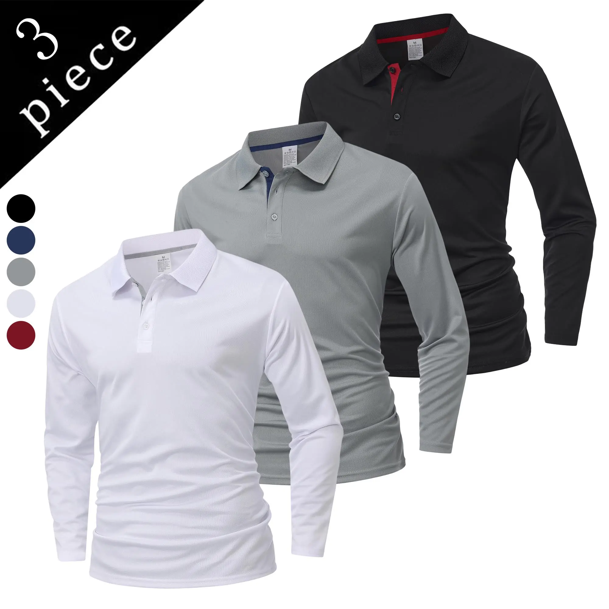 3-Pack Men’s Polo Shirt with Collar Long Sleeve T-Shirt for Young & Middle Adults Business Casual Breathable Versatile Tops