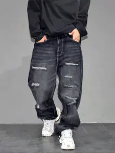 Men's High Street Style Ripped Wide Leg Jeans, Trendy Loose Fit Straight Pants, Casual Fashion for All Seasons