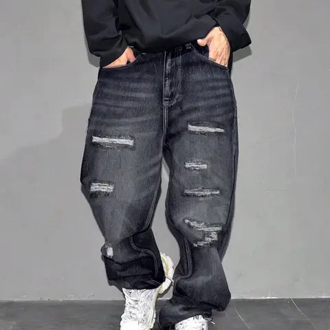 Men's High Street Style Distressed Ripped Wide Leg Denim Jeans, Trendy Loose Fit Straight Pants, Casual Fashion for All Seasons