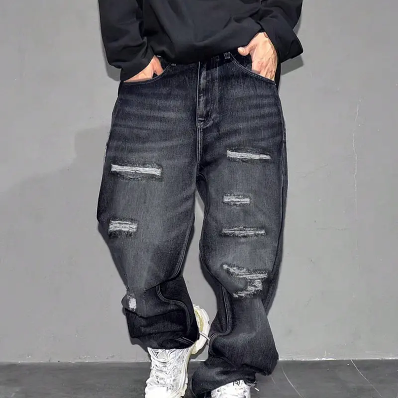 Men's High Street Style Distressed Ripped Wide Leg Denim Jeans, Trendy Loose Fit Straight Pants, Casual Fashion for All Seasons