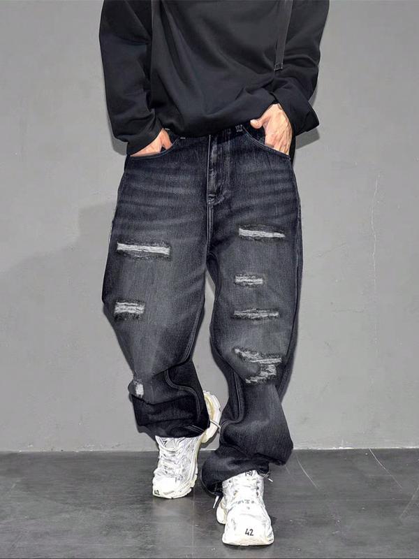 Men's High Street Style Ripped Wide Leg Jeans, Trendy Loose Fit Straight Pants, Casual Fashion for All Seasons