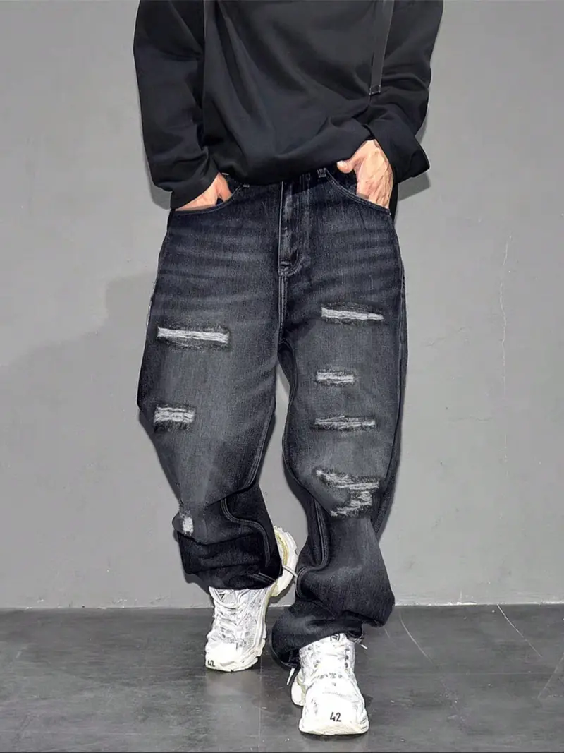 Men's High Street Style Ripped Wide Leg Jeans, Trendy Loose Fit Straight Pants, Casual Fashion for All Seasons