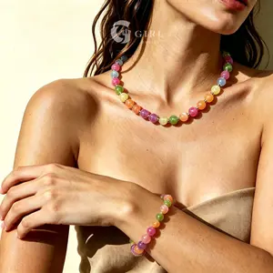 GGIRL Dopamine Rainbow Bead Necklace Set: Light-Reactive, Waterproof Summer Jewelry—Layered Necklace + Bracelet