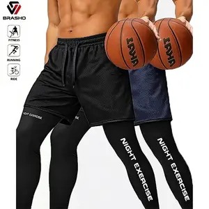 1-2 pieces of summer new men's high-elastic tight sweatpants, double-layer mesh shorts, fitness running basketball training pants, anti-light, Male