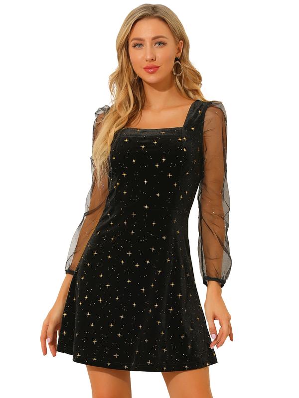 INSPIRE CHIC Mesh Sheer Puff Long Sleeve Square Neck Glitter Star Mini Velvet Dress Black
