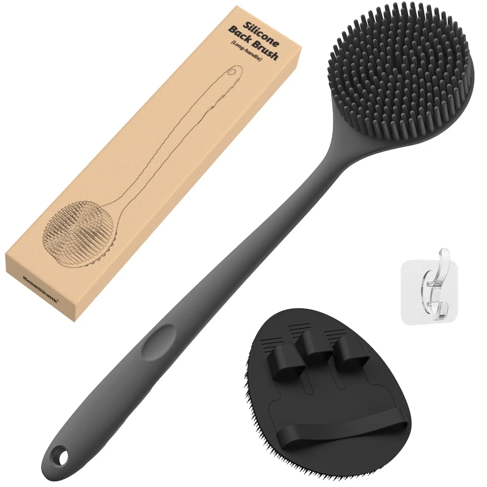Silicone Back Scrubber(Thick Bristles) & Soft Bath Glove Set, Super-Exfoliating Body Scrubber & Super-Lathering Shower Brush Combination, with a Free Hook.(Black)ZAZK110