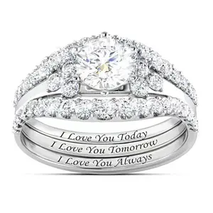 Micro-set Rings Light Luxury Fashion Three-piece Rings with Engraved English Letters for Women