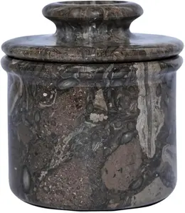 Oceanic 4" Gray Marble Butter Crock with Lid Handmade Eco-Friendly & Dishwasher Safe Round Shape 90ml Volume Elegant Home Décor & Gifting - Bottles Kitchen Organiser