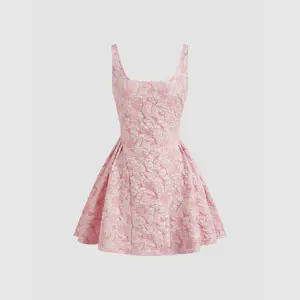 Cider [2 colors, size 0-26] Jacquard Square Neck Floral Zipper Mini Dress