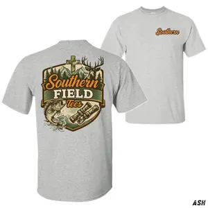 Southern Field Tees Hunting Fishing T-Shirt – Outdoor Country Graphic Tee, Deer Bass Cross Binoculars Design, Rustic Sportsman Lifestyle Apparel for Men and Women
