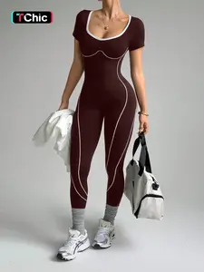 Women's Colorblock U-Neck Short Sleeve Sporty Yoga Jumpsuit, Sports Jumpsuit, High Elasticity Running Fitness Pants, All Seasons Above Ankle Length, Stretchable Activewear