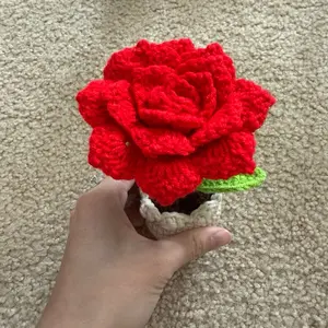 Crocheted Red Rose in Pot - Handmade Decorative Flower for Home or Office