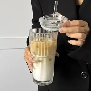 Glass Cup with Straw and Lid, Portable Large Capacity Drinking Cup, Fashion Home Office Outdoor Drinkware, Autumn Winter Cool Water Bottle