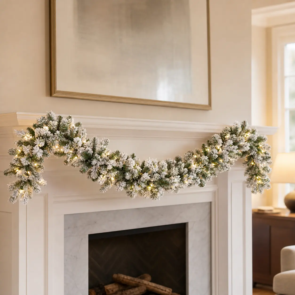 9 FT X 12" Flocked Garland Pre-lit 100 LED Clear Lights