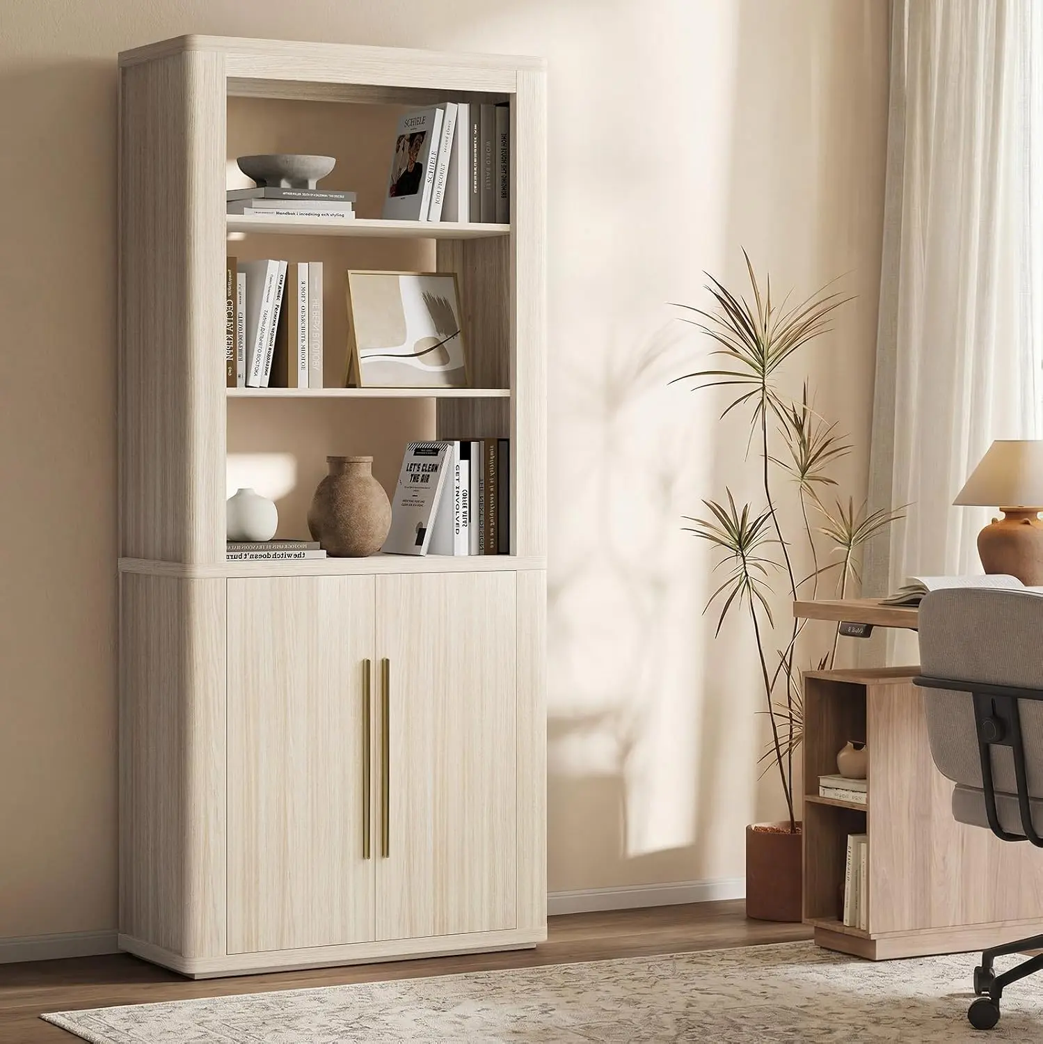 [2 Packages Shipping]ModernMate 71" Tall Beige Oak Wood Freestanding Bookcase, 5-Tier Contemporary Storage System Shelf with Doors & Adjustable Shelves, for Living Room, Home Library, Office, Large Bookshelf With Storage