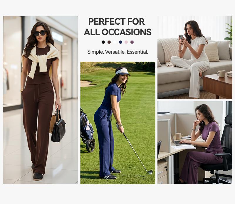 Airfree 2-Piece Workout Set, Shaping Support, Breathable Quick-Dry, Athletic Women&rsquo;s Crew Neck T-shirts Straight-leg Pants 30'', 32.5'' Inseam Tracksuit Set, Regular/ Tall Girls Friendly for Yoga, Gym, Workout, Running, Gym Workout Clothes Athleisure Wear