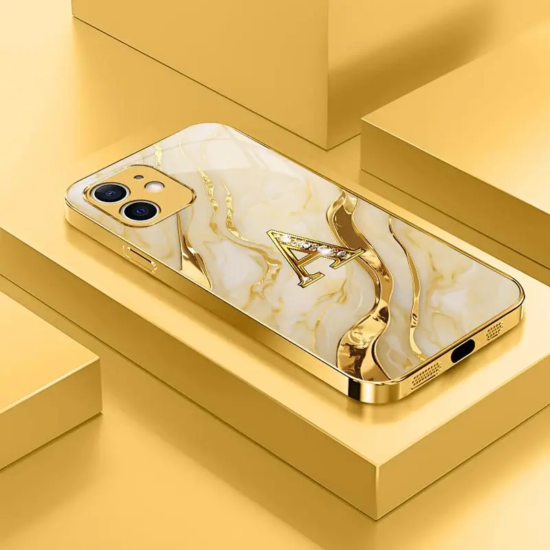 Luxury Initial Marble Phone Case for iPhone 12 Mini - Electroplated Glass Mirror, Shockproof, Anti-Scratch Bling Cover - JS996