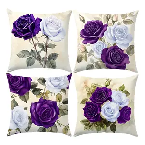 4PCS Purple and Blue Rose Throw Pillow Cover, 20 x 20 Inch, Pillow Cover for Cushion Living Room, Bedroom, Couch and Sofa, High Listed Printed (No Pillowcase Insert)