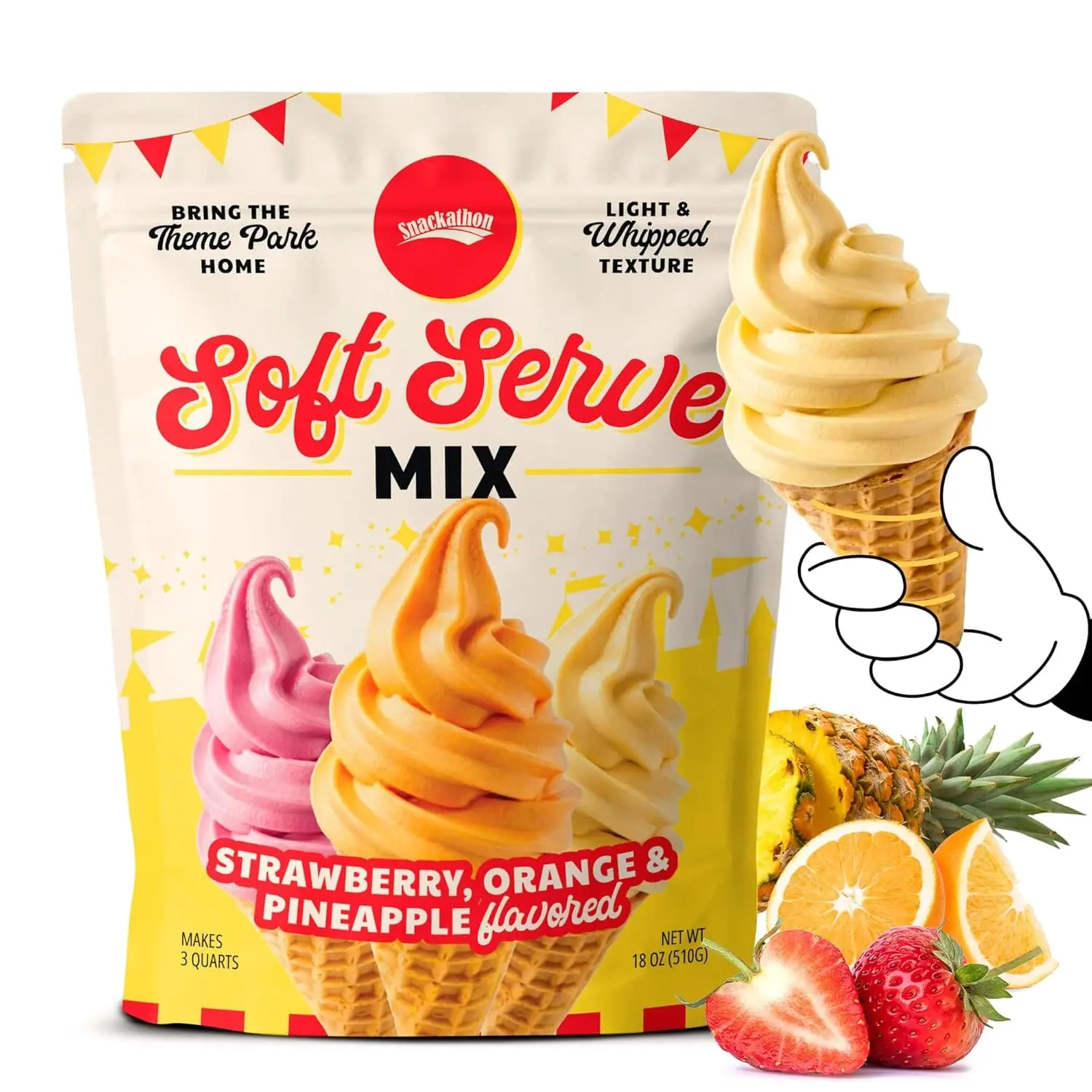 Snackathon Soft Serve Mix Variety Pack, 3 Fruity Flavors (Pineapple, Orange, Strawberry), Makes 3 Quarts, Powder Packets for Ice Cream Maker, Soft Serve Machine, Whip-Style Frozen Treats