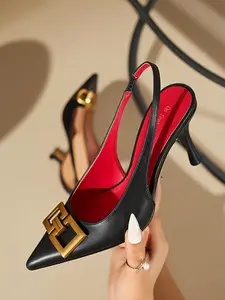 Women's Metal Buckle High Heels, Sexy Pointed Toe Shoes, Less Than Ankle Height, All Season Fashion Footwear