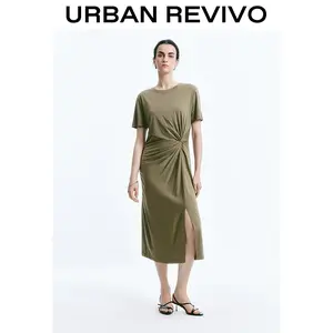 URBAN REVIVO 100% Cotton Maxi Dress, Twist Front Summer Dress, Waist-snatching dress, Tummy control effect, Flattering for curvy bodies, Hourglass shape UWM750071
