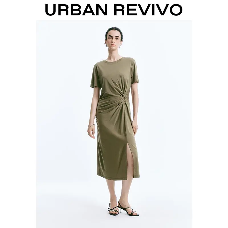 URBAN REVIVO Women's 100% Cotton Chic Minimalist Round Neck A-Line Maxi Dress - Twist Front, Waist Snatching, Tummy-Hug Control, Curvy Hourglass Fit, Tied Detail, Cold Wash, Do Not Dry Clean, Everyday Daily Wear, UWM750071, Casual Wear