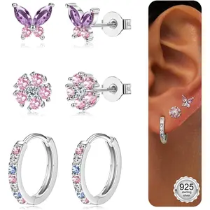 Jstyle 3 Pairs 925 Sterling Silver Earrings for Women Grils Hypoallergenic Silver/Gold Stud Hoops Earrings Set Dainty Studs Huggies Earings Flower Butterfly Earrings Sets for Multiple Piercings
