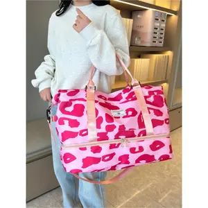 Sweet Pink Leopard Print Travel Duffle Bag for Women Large Capacity Expandable Short Trip Luggage Waterproof Hospital Bag, Gym Bag, Back-to-School Bag
